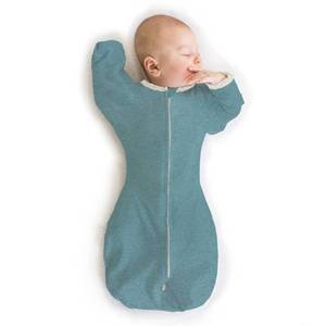 lot 50710 image: SwaddleDesigns Transitional Swaddle Sack with Arms Up Half-Length Sleeves and Mitten Cuffs, Heathered Teal with Polka Dot Trim, Medium, 3-6 Mo, 14-21 lbs (Better Sleep, Easy Swaddle Transition)