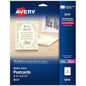 lot 50736 image: Avery Printable Postcards, 4.25 x 5.5, Ivory, Blank Postcards for Laser and Inkjet Printers (5919)
