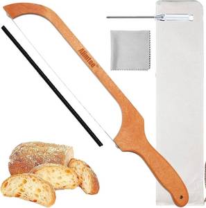 lot 50737 image: Alimtee Bread Knife for Homemade Bread, 16 Wooden Serrated Bread Slicer Gift for Friends Fiddle Bow Design Easy to Cutting, Sourdough Cutter for Homemade - Premium Stainless Steel
