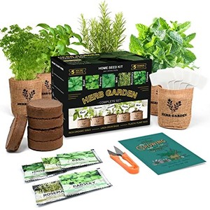 lot 50742 image: Indoor Herb Garden Starter Kit, 5 Non-GMO Herb Seeds - Basil, Parsley, Rosemary, Thyme, and Mint with Complete Planting Set Including Jute Bags, Markers, Soil Disks, Shears for Kitchen Herb Garden DIY