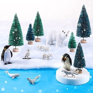 lot 50744 image: 19 Pcs Arctic Animal Toy Set Includes 10 Pcs Polar Animals Figurines, 6 Pcs Miniature Pine Trees, 1 Foam Boards, 1 Winter Fake Snow Blanket and 2 Pcs Blue Tissue Paper for Kids Educational