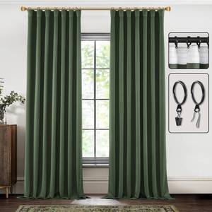 lot 50758 image: SHINELAND 90 Inch Blackout Curtains for Living Room 2 Panels Set,Back Tab Pleated Hook Thermal Insulated Boho Black Out Olive Curtain Drapes Inches Long for Bedroom,52x90 in Length,Dark Green