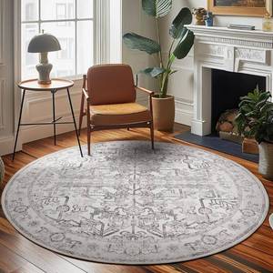 lot 50768 image: jinchan Round Rug 8ft Washable Area Rug Vintage Floor Mat Kitchen Indoor Circle Rug 8 Round Thin Rug Floral Print Carpet Retro Farmhouse Non Slip Dining Room Living Room Bedroom Office Decor Taupe