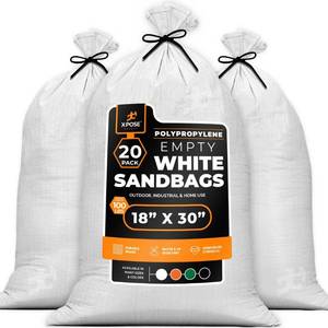 lot 50778 image: Woven Polypropylene Sand Bags for Flooding, Gravel -18 x 30 Sacks 100 lb Weight Limit, Military Grade Reusable Refillable Sand Bag for Hurricane Flood Protection, Empty Sandbags, White, Bundle of 20