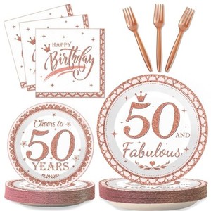 lot 50780 image: Wiooffen 50th Birthday Decorations Plates and Napkins for Women Rose Gold Party Supplies 50 and Fabulous Happy Birthday Tableware Set Cheers to 50 Years Party Decorations Table Decors for Girl