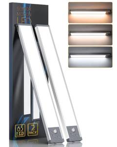 lot 50798 image: 65 LED Under Cabinet Lights 2 Packs, 3 Color Temperatures Dimmable Motion Sensor Closet Lights, 2500mAh Rechargeable Under Counter , Wireless Night Lights for Drawer, Wardrobe, Kitchen, Hallway