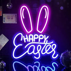 lot 50827 image: Threan Bunny Ears Neon Signs Easter Rabbit Decorations Light up Sign LED Neon Sign Light USB Wall Bar Living Room Decor for Spring Decor Party Home Bedroom Office Table Art Gifts, 14.57 x 12.6 Inch