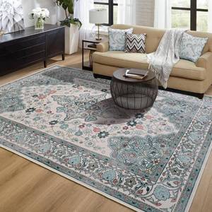 lot 50848 image: Unirea Vintage Area Rug 5x7 Washable Living Room Rug, Floral Print Rugs for Bedroom Dining Room Entryway Accent Rug, Soft Distressed Non Slip Low-Pile Indoor Floor Carpet, BrickBlue