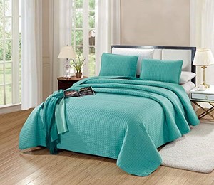 lot 50866 image: GrandLinen 3-Piece King Size Bedspread with Matching Pillow Shams. Florence Bedding in Solid Turquoise Blue Color 104 x 90 - Square Box Pattern Soft Microfiber Coverlet