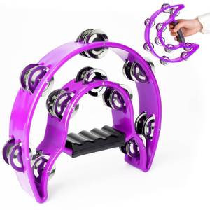 lot 50873 image: Tambourine Double Row Metal Jingles Half Moon Musical Instruments Tamborines Musical Instrument for Adult Hand Held Percussion for Party, Church (Purple)