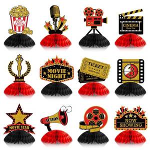 lot 50875 image: Pajean 12 Pieces Movie Centerpiece Night Party Decorations Centerpieces for Table Theater Honeycomb Ticket Popcorn Star Topper Birthday 3D Favor Supplies