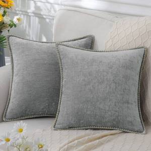 lot 50888 image: decorUhome Chenille Soft Throw Pillow Covers 16x16 Set of 2, Farmhouse Velvet Pillow Covers, Decorative Square Pillow Covers with Stitched Edge for Couch Sofa Bed, Ultimate Gray