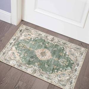 lot 50891 image: MUJOO Green Area Rug Small Rugs Boho Machine Washable Rugs Non Slip for Entryway Kitchen Bathroom Bedroom Vintage Soft Low-Pile 2x3 Flowers