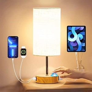 lot 50892 image: KPQ 2023 New Bedside Lamp Touch Control Table Lamp with USB AC Charging Ports & AC Outlet 3-Way Dimmable Nightstand Lamp with Linen Fabric Shade for Bedroom Living Room(Light Bulb Included)