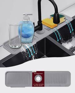 lot 50902 image: 5°slope kitchen sink splash guard-gray silicone faucet mat handle drip catcher tray behind faucet with soap dispenser hole-1pc water clear gadgets for sink accessories 5 by 24inch long organizer
