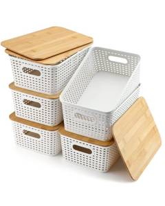 lot 50921 image: EOENVIVS Storage Bins with Lids 6 Packs, Plastic Storage Bins with Bamboo Lids for Pantry Organization and Storage Containers for Shelves Drawers Desktop Closet Playroom Classroom Office Home, White