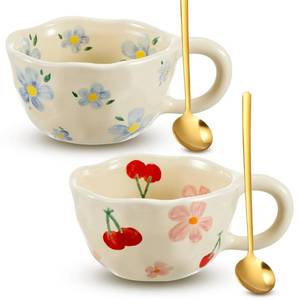 lot 50925 image: Vesici 2 Pcs Ceramic Coffee Mug Creative Flower Cup Floral Mug with Handles 8.5 oz Cute Aesthetic Tea Porcelain Mug for Office Home, Dishwasher and Microwave Safe (Lovely)