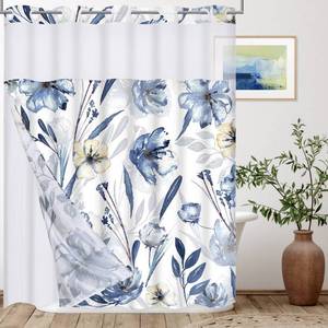 lot 50926 image: Alishomtll No Hook Shower Curtain with Snap-in Liner Set, Hotel Grade Blue Floral Shower Curtain with See Through Top Window, Blue White, No Hook, Double Layer, Waterproof, Washable, 72 x 72