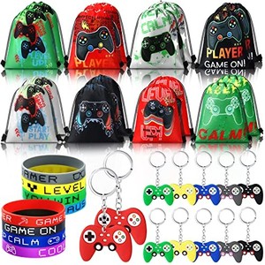lot 50928 image: Hungdao 48 Pcs Birthday Party Favors 16 Video Game Party Drawstring Bags Farm Animal Goodie Bag 16 Dart Gun Tie Dye Blocks Wristband 16 Construction Mermaid Keychains for Party (Game)
