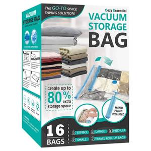 lot 50935 image: Space Saver Storage Bags, (2 Jumbo2 Large3 Medium3 Small6 Roll) Compression Vacuum Sealer Bags for Comforters, Blankets, Clothes Storage, Hand Pump Included, 16 Pack