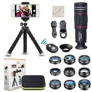 lot 50943 image: 15 in 1 Universal Phone Camera Lens Kit 18X Telephoto lens Wide Angle lens,Macro Lens, Fisheye lens,Kaleidoscope 36 lens, CPLFlowStarRadial Filter, Tripod, Remote Shutter for most of Smartphone