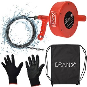 lot 50944 image: DrainX Plumbing Snake Drain Auger  25-Ft Drain Cleaning Cable Plumbers Auger with Work Gloves and Storage Bag Included