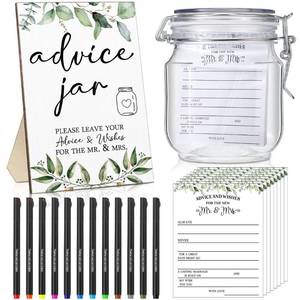 lot 50955 image: Sintuff 114 Pieces Bridal Shower Decor Including Advice and Wishes for The Mr and Mrs Wedding Advice Sign with Holder 100 Greenery Advice and Wishes Cards 12 Pens PET Wedding Wish Jar for Guest Party