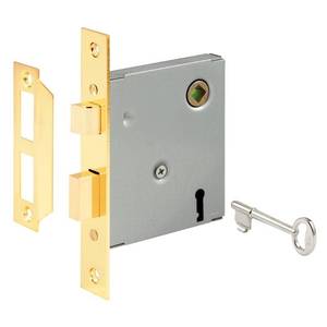 lot 50981 image: Prime-Line E 2294 Vintage Style Indoor Mortise Lock Assembly Kit - Cast Steel, Brass Plated Finish, Antique Skeleton Key - Backset, 14�� Max Square Spindle - Reversible Latch Bolt (Single Pack)