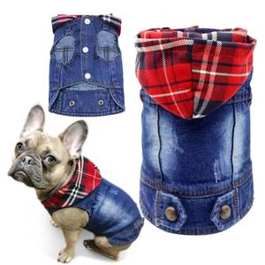 lot 51036 image: SILD Pet Clothes Dog Jeans Jacket Cool Blue Denim Coat Small Medium Dogs Lapel Vests Classic Hoodies Puppy Blue Vintage Washed Clothes (Plaid Hat,XL)