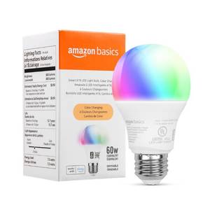 lot 51048 image: Amazon Basics Smart A19 LED Light Bulb, 2.4 GHz Wi-Fi, 7.5W (Equivalent to 60W) 800LM, Works with Alexa Only, 1-Pack, Multicolor
