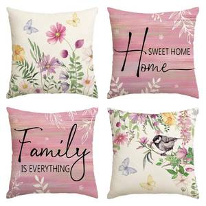 lot 51069 image: AVOIN colorlife Spring Saying Flowers Butterfly Pink Throw Pillow Covers, 18 x 18 Inch Home Sweet Home Cushion Case for Sofa Couch Set of 4