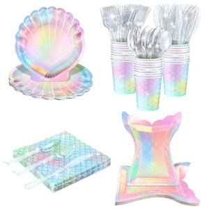 lot 51077 image: 144 Pcs Mermaid Party Supplies Tableware Mermaids Themed Decorations Under the Sea Party Dinnerware Set Includes Plates Napkins Cups Spoons Fork Knives for Baby Shower Birthday Party(Cute Style)