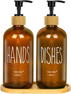 lot 51083 image: YIKHOM Crystal Glass Soap Dispenser Set, Hand Soap and Dish Soap Dispenser with Bamboo Tray, Vintage Soap Dispenser with Pump for Kitchen and Bathroom, Stylish Permanent Labels (Amber)