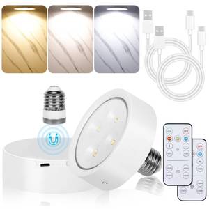 lot 51084 image: Rechargeable Battery Operated Light Bulb for Lamps, E26 Screw in (Magnetic Detachable) Puck Lights with Remote Control, Wireless Dimmable Timer Light Bulb for Non-Hardwired Wall Sconce (Pack of 2)