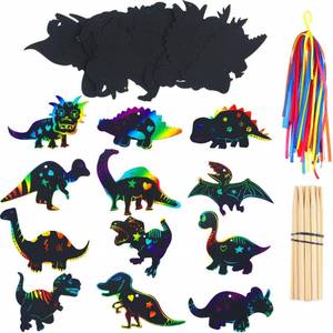lot 51094 image: Outus 48 Pieces Scratch Dinosaur Paper Scratch Paper Dinosaur Craft Art Kits with 24 Pieces Wooden Styluses and 48 Pieces Ribbons for Dinosaur Birthday Party Game Supplies