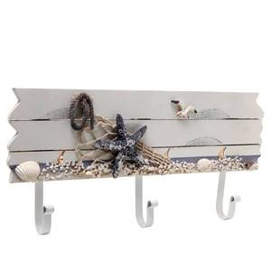 lot 51118 image: MyGift 13.4 Inch Wall Mounted Wood Nautical Theme Coat Rack with 3 Hooks and Decorative White Sand, Starfish, Seagull and Seashells Design