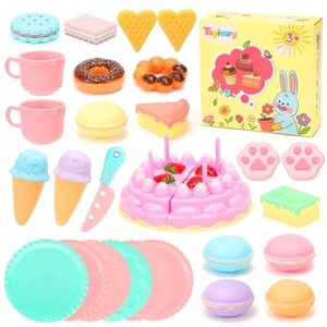 lot 51127 image: Tagitary Tea Party Set for Little Girls,30 PCS Kitchen Pretend Play Toys Kids Plastic Toys Tea Set,with Cake Dessert,Ice Cream,Cups&Plates,Play Kitchen Accessories Birthday Gift for Kids Toddlers