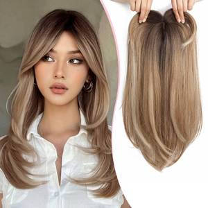 lot 51143 image: Megito Long Wavy 18inch Hair Topper Big Base Cover Thinning Hair Clip in Hair Toppers for Women Fiber Wiglets with Fringe Ombre Brown Color