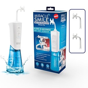 lot 51159 image: Ontel Miracle Smile Water Flosser for Teeth&Gum Health, Unique H-Shaped Flossing Head&4 Water Jets, Cordless Water Flosser Features 360° Cleaning&3 Pressure Modes, USB Rechargeable Dental Floss, White