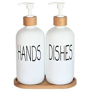 lot 51194 image: Glass Soap Dispenser Set - Hand Soap and Dish Soap Dispenser with Bamboo Tray. Vintage Soap Dispenser with Pump for Kitchen Sink and Bathroom. Stylish Permanent Labels (Matte White)