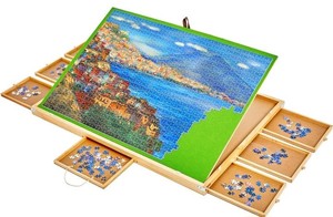 lot 52814 image: 2000-piece Large Portable Wooden Puzzle Board with 8 Sorting Drawers & Hard Cover,Adjustable Tilting Jigsaw Puzzle Table with Non-Slip Felt Surface,30x41