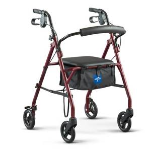 lot 52821 image: Medline Rollator Walker with Seat, Steel Rolling Walker with 6-inch Wheels Supports up to 350 lbs, Medical Walker, Burgundy