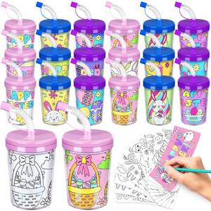 lot 52826 image: Tisancy 24 Pcs Easter Coloring Cups for Kids Bulk 10 oz Plastic Easter Color Your Own Cups with Lids and Straws DIY Kids Bunny Party Cups for Classroom Crafts Activity and Easter Hunt Party Supplies