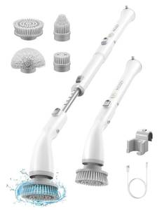 lot 52848 image: HiCOZY Electric Spin Scrubber HS1, Cordless Shower Scrubber for Cleaning with 4 Replaceable Brush Heads Adjustable Extension Handle, IPX7 Waterproof Cleaning Brush for Bathroom Floor White