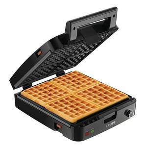 lot 52862 image: Krups Breakfast Set Stainless Steel Waffle Maker 4 Slices Audible Ready Beep, 1200 Watts Square, 5 Browning Levels, Removable Plates, Dishwasher Safe, Belgian Waffle Silver and Black
