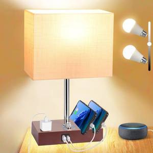 lot 52869 image: Dott Arts Bedside Lamp for Bedroom, Fully Dimmable Table Lamp with USB Ports, Small wood Table Lamps with Charging Station AC Outlet and Phone Stands Nightstand Lamp for Living Room(LED Bulb Included)