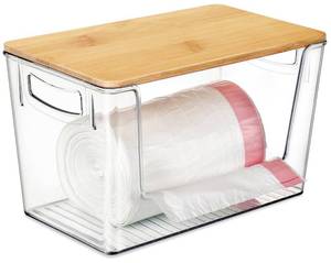 lot 52870 image: Extra Large Trash Bag Holder with Lid, Hudgan Acrylic Garbage Bag Dispenser with Handles, Containers for Laundry Room Organization and Storage