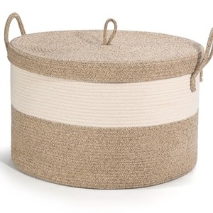 lot 52872 image: noonkty Blanket Basket, 21.7X21.7X13.8 Cotton Rope Basket, XXL Large Basket with Handle, Blanket Basket Living Room, Stuffed Toy Basket, Laundry Basket, Storage for Towels Pillow, Brown (with Lid)