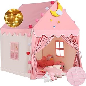 lot 52888 image: Wilwolfer Kid Tent with Mat, Star Lights - Kids Play Tents for Toddlers Kids Tents Indoor Playhouse - Princess Tent for Girls Toy House Gift (Pink with Cloth)