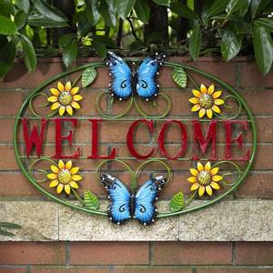 lot 52910 image: Glitzhome Metal Butterfly Welcome Sign Wall Hanging Outdoor Decorations for Patio and Garden, Blue 23.75-Inch